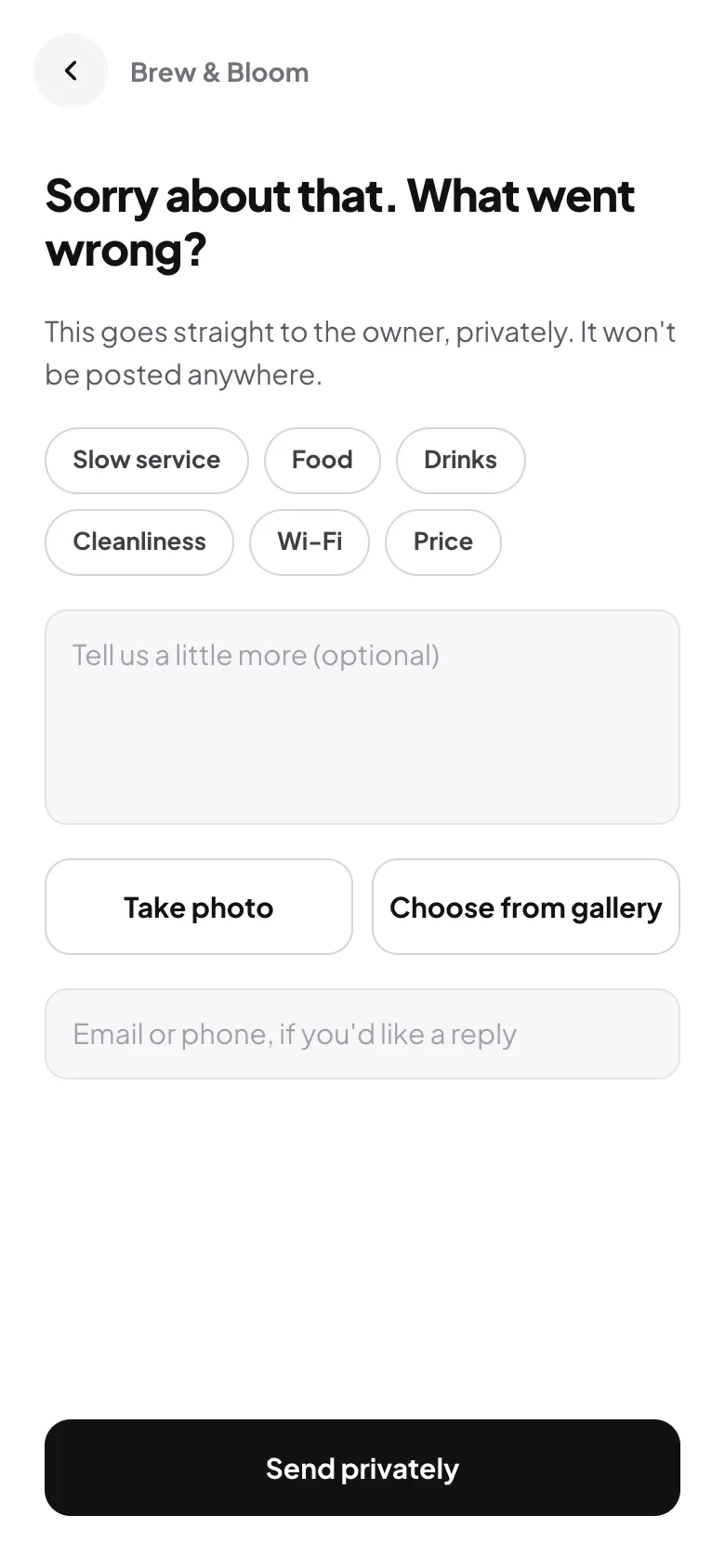 The private feedback form after a low rating: tags such as slow service and food, a comment box and photo buttons