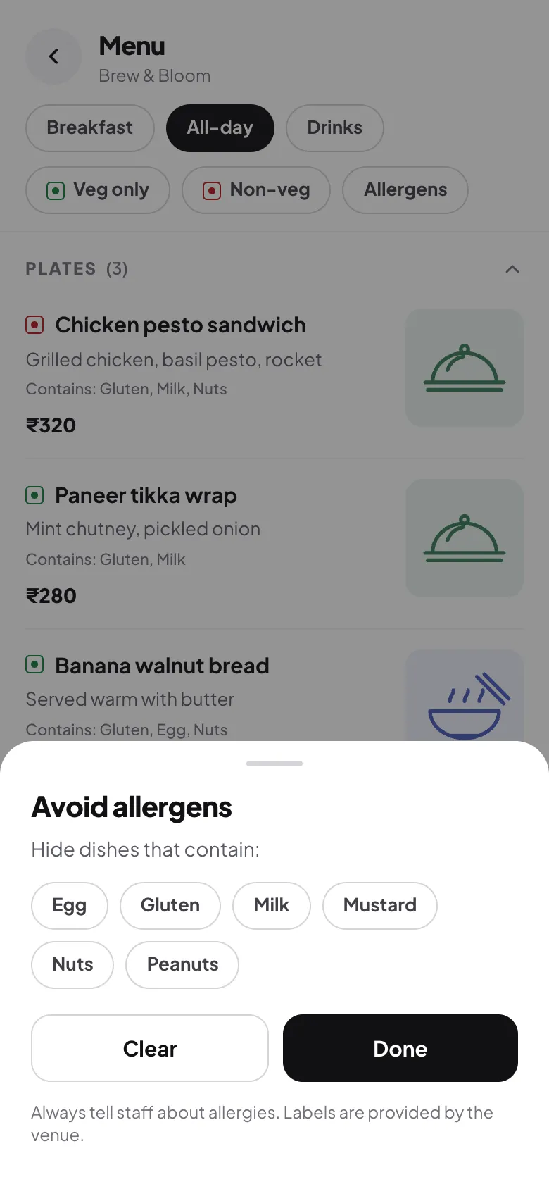 The Avoid allergens filter on a phone menu, with chips for egg, gluten, milk, mustard, nuts and peanuts