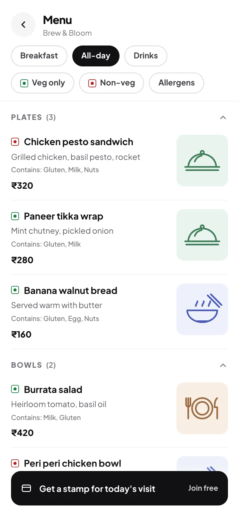A digital menu on a phone with Breakfast, All-day and Drinks tabs, veg and non-veg markers, prices and allergen notes