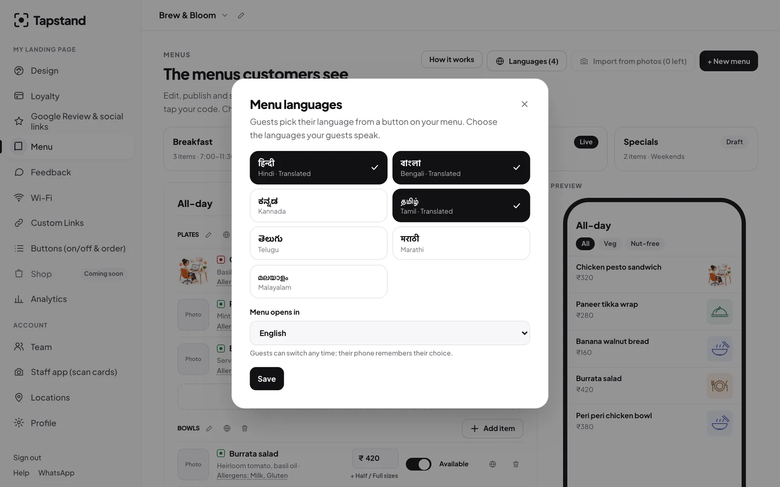 The Menu languages dialog in the owner dashboard: Hindi, Bengali and Tamil chosen and translated, and the language the menu opens in