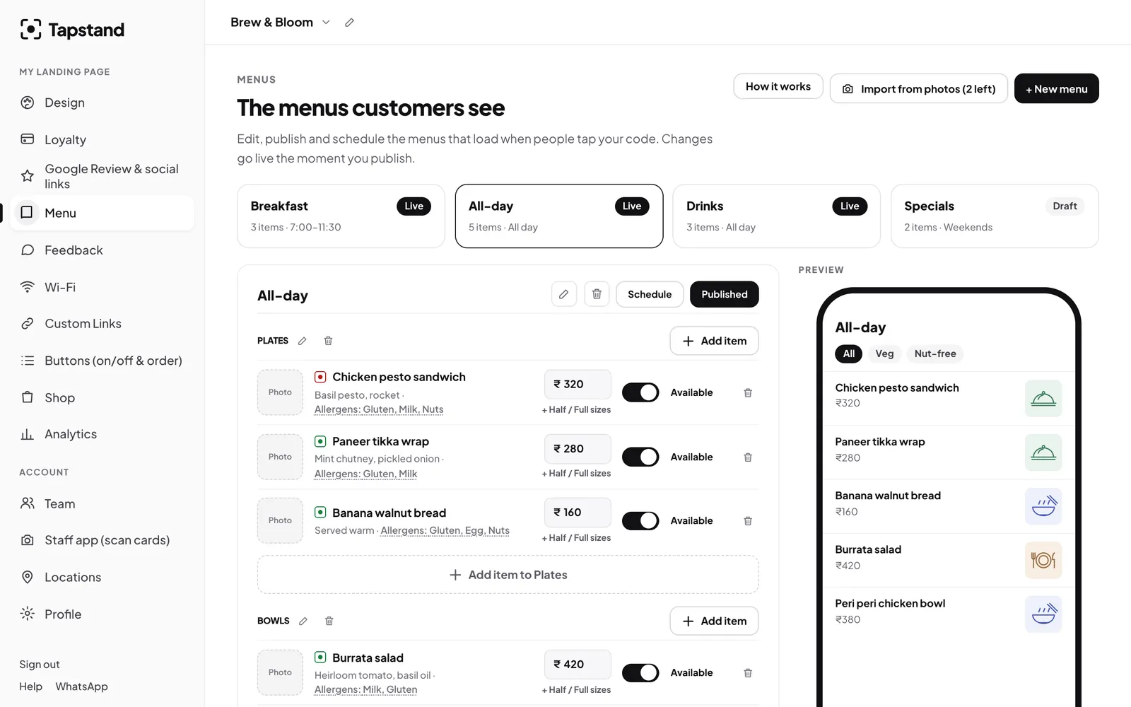 The menu editor with Breakfast, All-day, Drinks and Specials menus, items with prices, allergens, availability toggles and a live preview