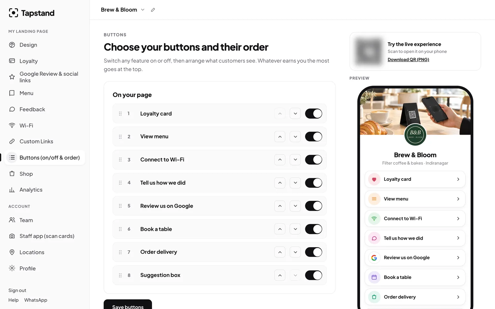 Choosing which buttons customers see and dragging them into order, with a phone preview