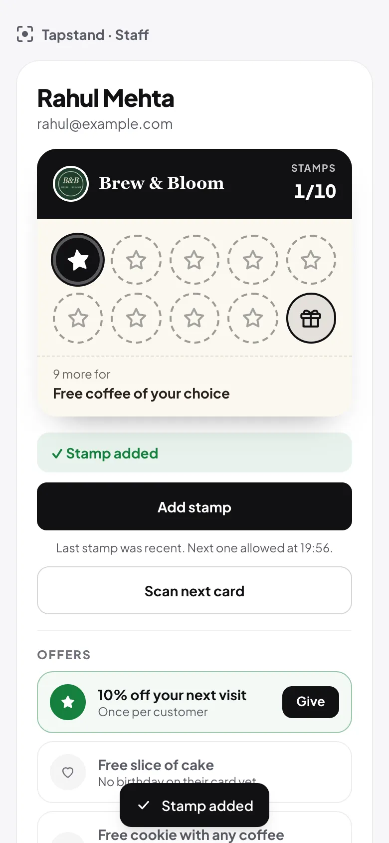 The staff stamping screen: the member's card, a Stamp added confirmation, and offers staff can give