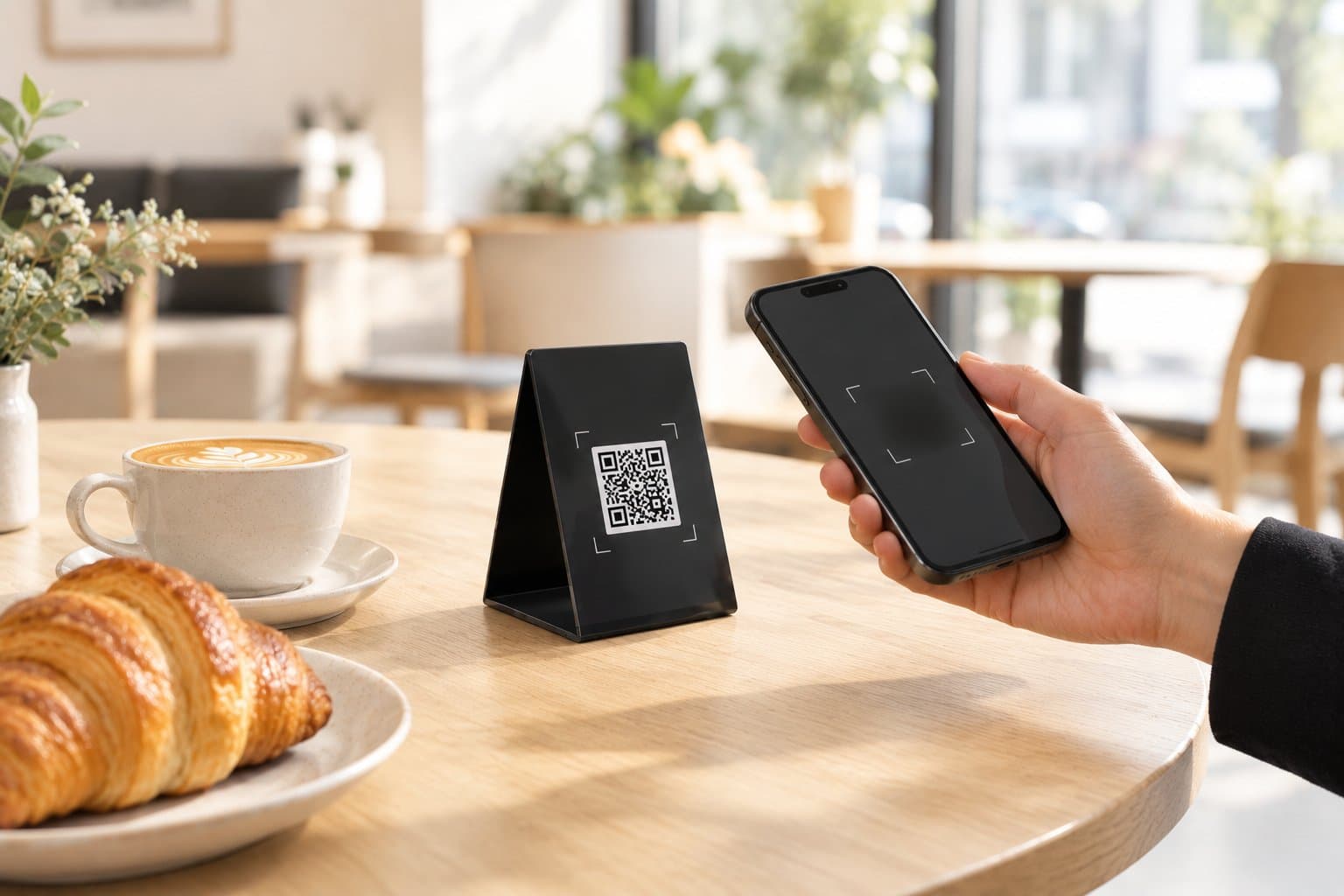 A customer holds their phone up to a black Tapstand table stand next to a coffee and croissant in a sunny café