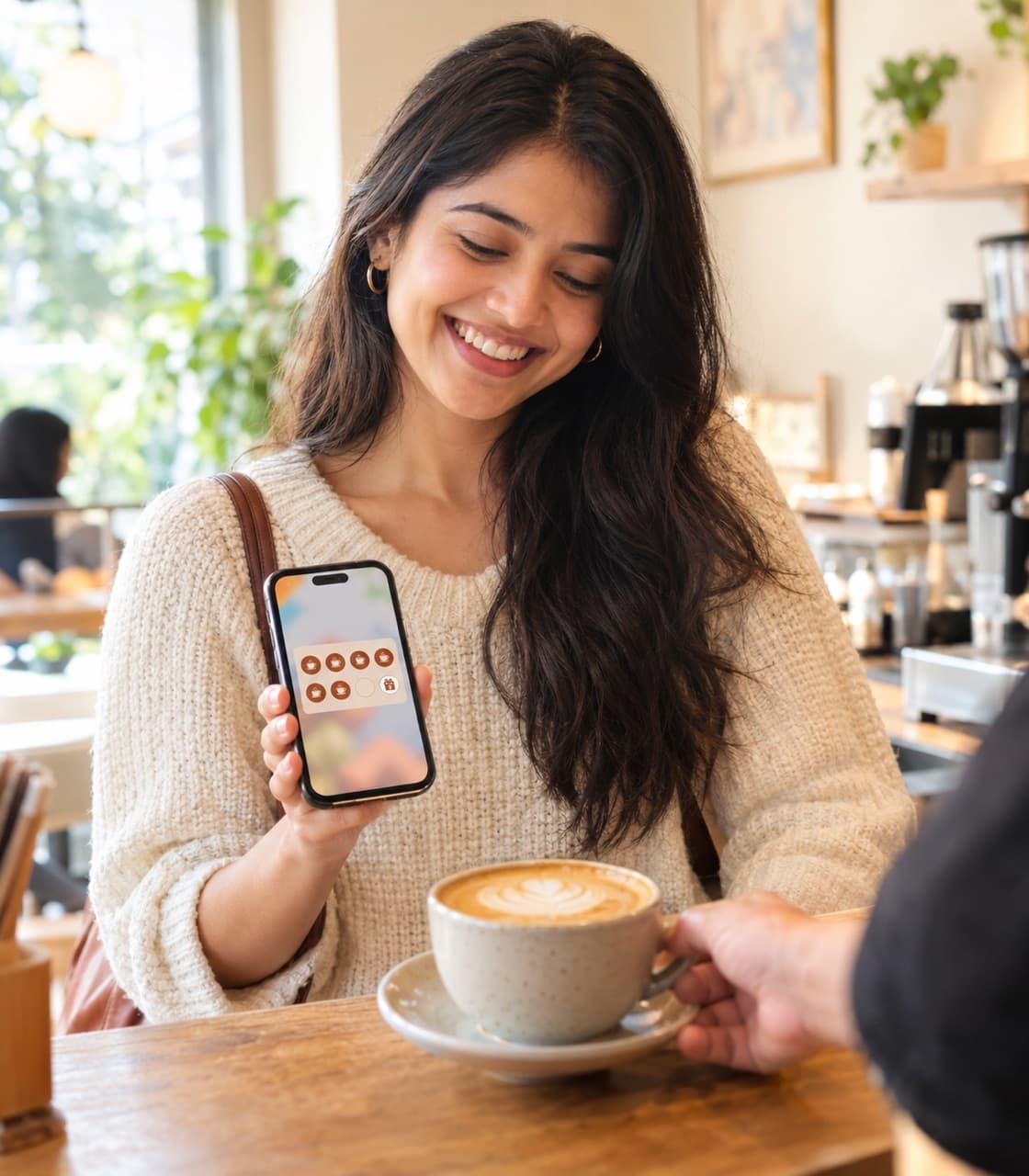 A smiling customer shows her phone's stamp card while a barista hands her a latte