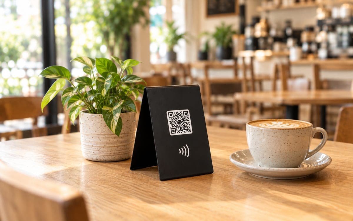 A black Tapstand table stand with a QR code and tap symbol on a café table, beside a plant and a latte