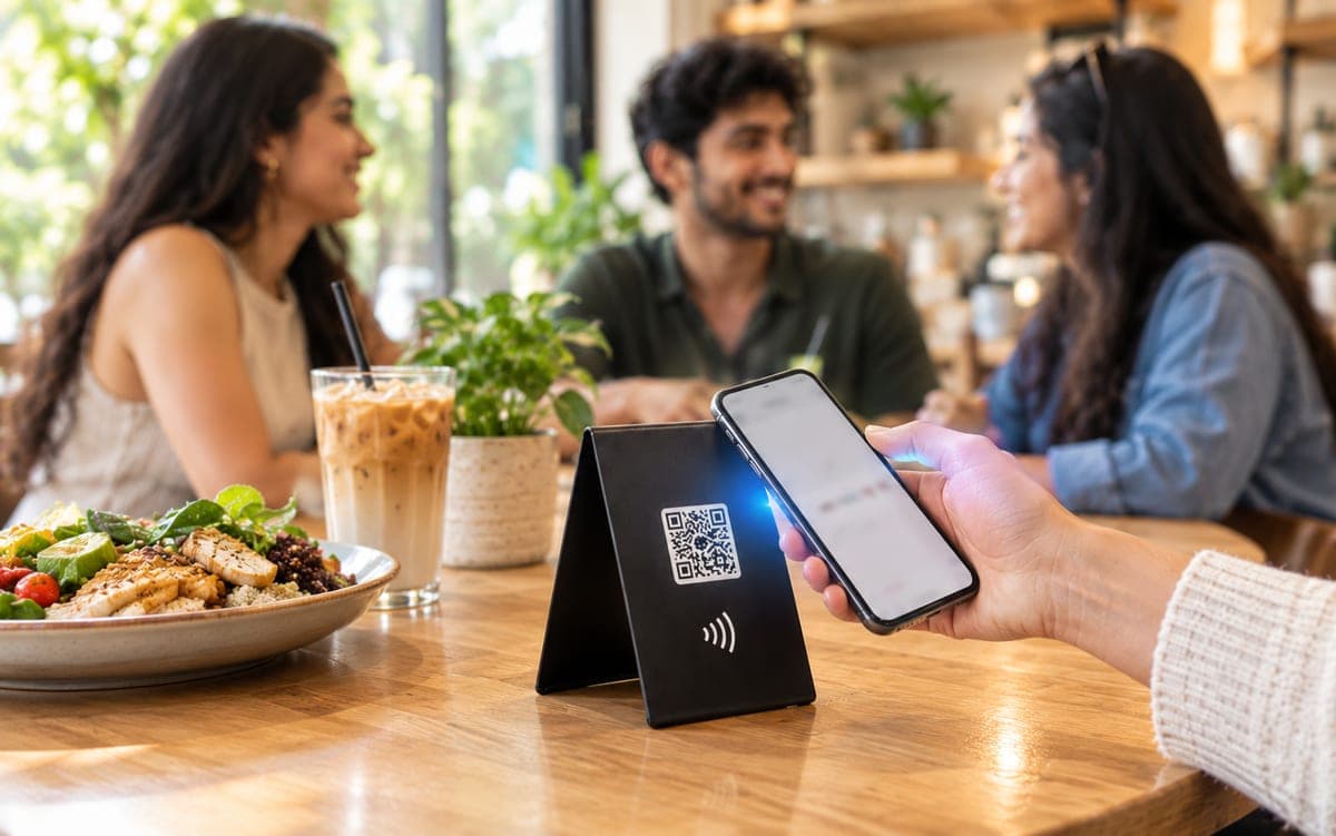 Friends at a café table while one taps her phone on the Tapstand table stand